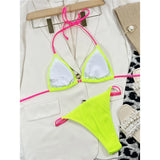 Sexy Neon Halter Ribbed Bikini Female Swimsuit Women Swimwear Two-pieces Bikini Set Padded Bather Bathing Suit Swim Lady V4048