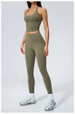 Women Tracksuit 2PCS Seamless Yoga Sets Hanging V Neck Slim Sports Tank Top Fitness Outfits Gym Running High Waist Leggings Suit