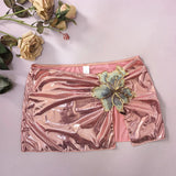 Sexy Patch flower Metallic Pink Irregular Swimsuits Bikinis Sets Two Pieces with Mini Split Skirt Swimsuit Bathing Suit Biquini