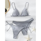 Sexy 3 Piece Bikini Set Women Solid Blue Purple Push Up Bandage Triangle Swimsuit Brazilian Beach Bathing Suit Swumwear Biquini