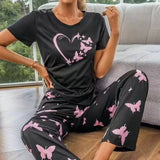 Women's Home Clothes Suit Heart Print Pajamas Set Soft Comfortable Crew Neck Tops & Pants Pyjama Femme Sleepwear for All Seasons