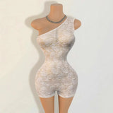 Sexy Jacquard Lace See Through Playsuits Women Hipster Oblique Shoulder Sleeveless Skinny Rompers Midnight Party Clubwear