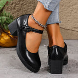 Plus Size 42 Black Thick Heels Pumps Women Classic Pu Leather Platform Mary Jane Shoes Woman Ankle Buckle Office High Heel Shoes