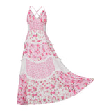 Women's Summer Floral Print Bohemian Long Dress Stylish Lace Patchwork Ruffled Trim Spaghetti Strap V Neck A-Line Dress