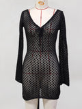V Neck Long Sleeve Hollow Out Crochet Knitted Tunic Beach Cover Up Cover-ups Beach Dress Beach Wear Beachwear Female Women V6081
