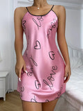 Valentine's Day Heart Printed Silk Satin Nightgowns for Women Sleepwear Sexy Nightdress Backless Nighties Lounge Wear