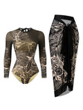 2026 Printed Mesh Swimsuit One Piece & Beach Dress Long Sleeves Swimwear Women Bathing Swimming Swim Suit Padded Beachwear