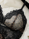 Women Leopard Print Lace Lingerie Nightgown Set Sheer Mesh Slip Dress With Thong Intimate Sleepwear ZA825233