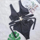 4 Colors New Sexy One Piece Swimsuit Swimwear Women Deep V-neck Hollow High Waist One-piece Bathing Suit Beachwear Metal Hoop