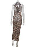 Ahagaga Fashion Leopard Sequins Women's Party Dresses Sexy Deep V-Neck Sleeveless Slim Fit Bodycon Maxi Elegant Vestidos Robes
