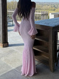 Elegant French Style Pink Long Dress Women Lace Long Sleeved Dress Evening Gown Party Wedding Dress up Lady Spring Summer Outfit