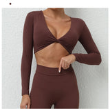 Long Sleeve Gym Crop Tops for Women Twist Deep V Workout Quick Dry Padded Sports Fitness Yoga T-Shirt