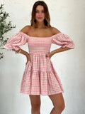 Foridol Square Collar Gingham Printed Women Casual Summer Short Dress Puff Sleeve A-line Pink Cute Fashion Outfit Vestidos