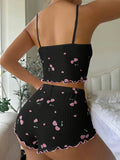 Women's Black Cherry Print Camisole Shorts Pajama Set, Ribbed Scalloped Hem, Cute Double Bow Loungewear for Summer