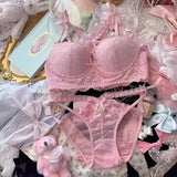Japanese Lace Bra Set, Heart Pendant Purple Lingerie Sexy & Pure Small Chest Push Up Bralette, Fashion Outerwear Design Enhancer