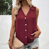 Summer T-Shirt Women Vest Casual Tank Top Oversize V-Neck Sleeveless Button Single-breasted Mid Length Women Shirts