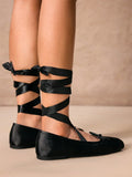 Balletcore Style Satin Lace-Up Flats for Women Black Ballerina Bow Detail Square Toe Ankle Wrap Ribbon Ballet Coquette Shoes