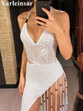 New Tassels Asymmetric Halter Crochet Knitted Tunic Beach Cover Up Cover-ups Beach Dress Beach Wear Beachwear Female Women V8257