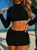 Long Sleeve Cover Up Skirt Halter Bikini Female Swimsuit Women Swimwear Four-Pieces Bikini Set Bathing Suit Bather Swim V7273