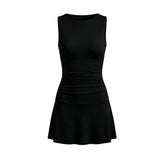 2026 Fashion Women Tank Dress Dots Print/Solid Color Sleeveless Slim Fit Ruched Short Dress for Daily Office Party