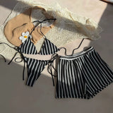 DEKA Green Striped Bikini Set Women Halter Push Up High Waist Thong Panties Swimsuit Summer 3 Pcs Bathing Suit Lace-up Swimwear