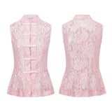 2026 Summer Women's Retro Lace Tops Elegant Mandarin Collar Chinese Frog Buttons Peplum Sleeveless Vest Blouses