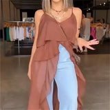 Summer Women Irregular Long Camisole Top Casual Ruffles Split V-Neck Spaghetti Straps Tank Tops Sleeveless Shirts