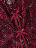 Date-specific Deep V cut WineRed lace one-piece dress. Lightweight sheer cross-strapped women's sexy lingerie set.
