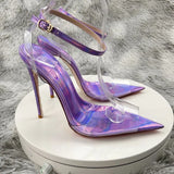 Laser Purple Women Sexy Summer Sandals PVC Pointed Toe Shoes 2023 Newest Slingback Shoes Thin Heels Party Ankle Buckle Ladies