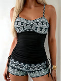Vintage Black Floral Print Tankini Set 2026 Swimwear Women Drawstring Side Pleate Tank Top High Waist Short Two Piece Swimsuit