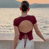 FDYOUI Fashion Casual Backless Lace-up T-shirts Women's Summer O-neck Short Sleeve Cropped Tops Streetwear Y2K Solid Tee Shirt