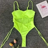 Neon Green Tummy Cut Out Female Swimwear One Piece Swimsuit Women Thong String Monokini High Leg Cut Bathing Suit Swim Bodysuit