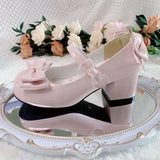 Lolita Style Cute Round Head Jane Pumps With Bow Women's Sweet Party Dress Midi Heels Shoes Fashion PU Sandals