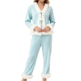 Womens Fall Winter  2 Pieces Pajamas Set Bow Tie Front Furry Trim V Neck Long Sleeve Tops and Pants Christmas Lounge Wear