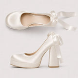 Size 42 Elegant Pink Satin Platform Block Heel Pumps Black Ribbon Wrap Ballerina Bow Wedding Party Dress Heels Shoes Women