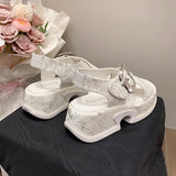 Fashion Crystal Buckle Platform Sandals Women Pink Embroidery Thick Heels Sandalias Mujer Comfortable Heightened Rome Sandals