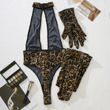 Women Leopard Print Bodysuit With Gloves Leggings Hollow Out Backless Deep V Suspenders Sleeveless Bodysuits Charming Thin 3X4C