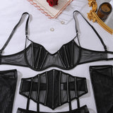 Toucheart Erotic Lingerie black Thin model see-through mesh Patchwork Body shaping gather together pure desire 5PCS with Gloves