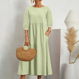 Womens Casual Summer Cotton Dress With Pockets 3/4 Sleeve Loose Midi Shirt Dress Women Dresses With Short Sleeves Vestidos