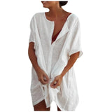Cotton Linen Breathable And Comfortable Mid Length Oversized Button Down Half Sleeve O-neck Cardigan Casual Beach Suncreen Top