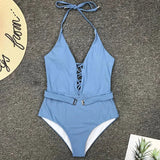 2025 Sexy Lace Up Halter Female Swimwear One Piece Swimsuit Women Backless Monokini with Waist Belt Bathing Suit Swim Bodysuit