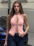 FDYOUO Sexy Halter Lace Patchwork Camisoles Women Fashion Backless Hollow Out Corset Pink White Bandage Tanks Top Y2K Streetwear