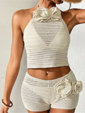 3D Flowers Halter Crochet Knitted 2 Pieces Suits Beach Cover Up Cover-ups Beach Shorts Beach Wear Beachwear Female Women K6598