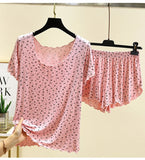 Chic Modal Floral Print 2Pcs Set Soft And Breathable Short-Sleeve Top And Shorts Loose Relaxed Fit Women's Sleepwear Homewear
