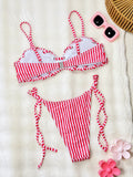 DEKA 2026 Vintage Pink Striped Knitted Bikini Set Women Sexy Drawstring Side Swimsuit Bathing Suit Swimwear
