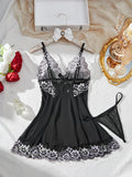 Contrast Black Lingerie Women Underwear Sleepwear Lace Nightdress And Thongs Pijamas Sets Female Nighty
