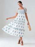 Flower Print Tie Strap Swing Dress Women A-Line Square Neck Tiered Ruffled Summer Bohemian Beach Long Tank Dress