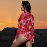 2026 New Sexy Print One Piece Swimsuit Women Swimwear Monokini Long Sleeve Bathing Suit Female Bodysuit Surfing Swim Wear Beach