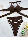 DEKA Sexy Solid Push Up Strapped Bikini Set Tied High Waist Thong Swimsuit Women Swimwear Beach Backless Bathing Suit