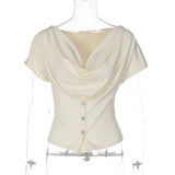 FDYOUI Fashion Casual Swinging Collar T-shirts Y2K Woman Clothes Short Sleeve Buttons Corset T Shirt Ladies Solid Crop Tops Tees